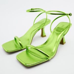 Zara Green Metallic Squared Toe Heeled Dress Sandals Shoes size 7.5